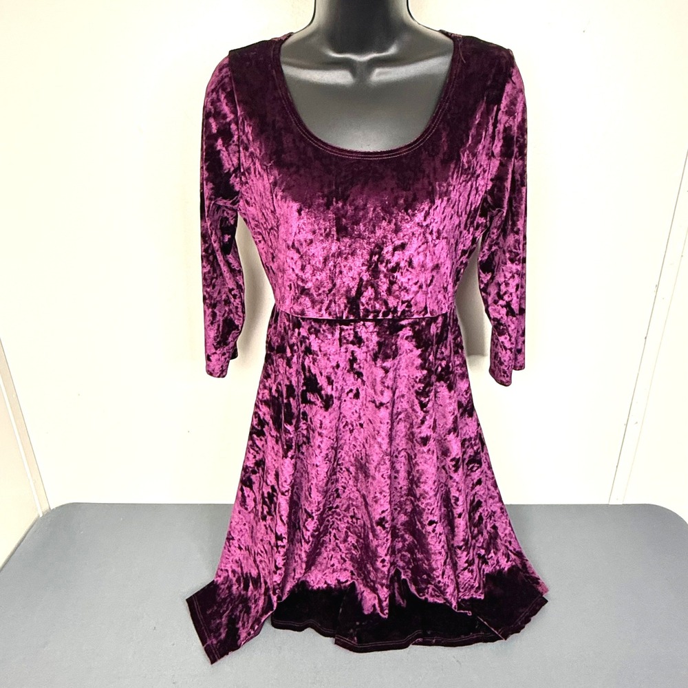 Chris & Carol Dress Womens Small Purple Crushed Velvet Skater CDA680 3/4 Sleeve